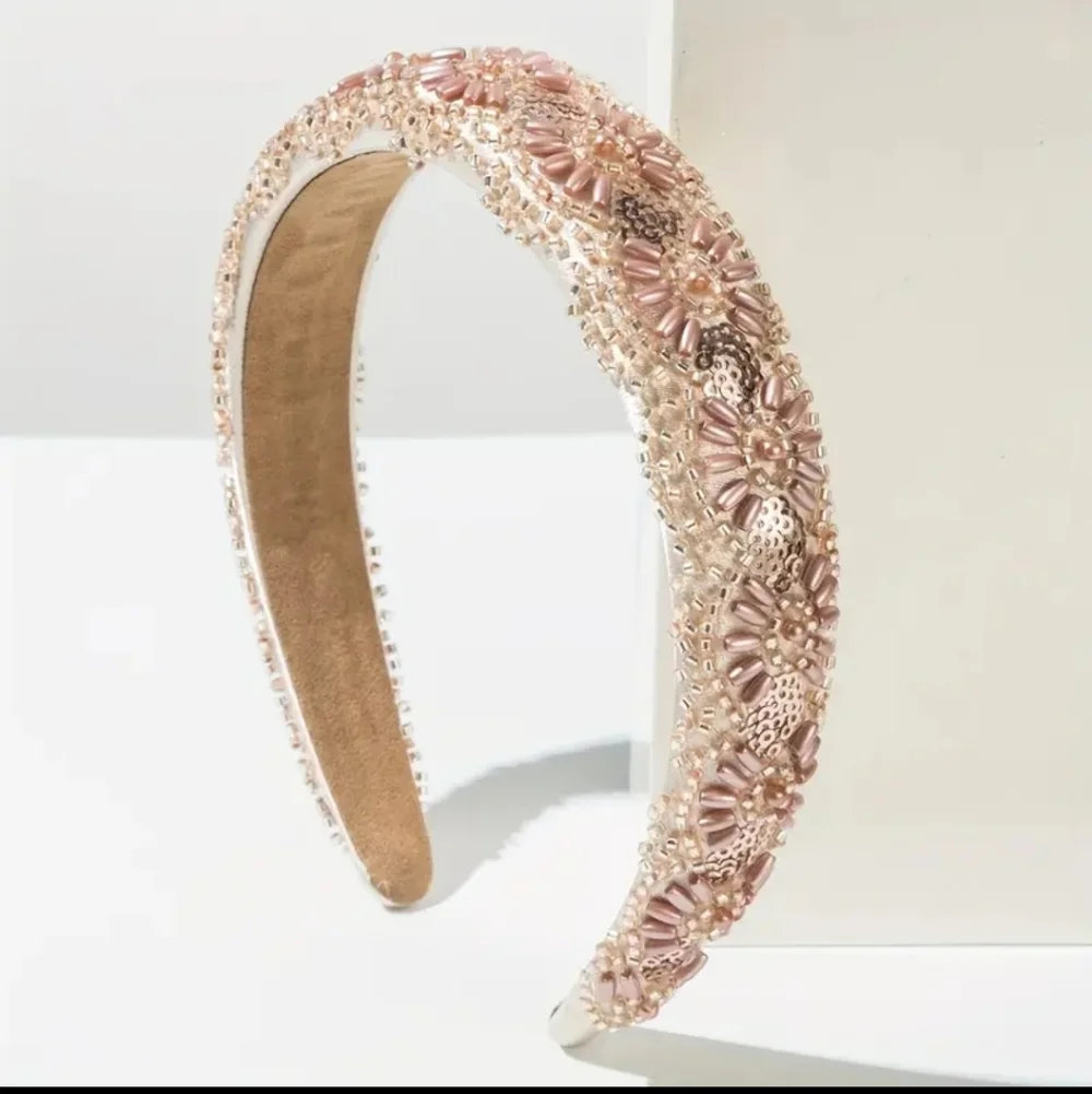 Beaded Headband Hand-stitched Rice Beads and Sequins Pink Beige NEW